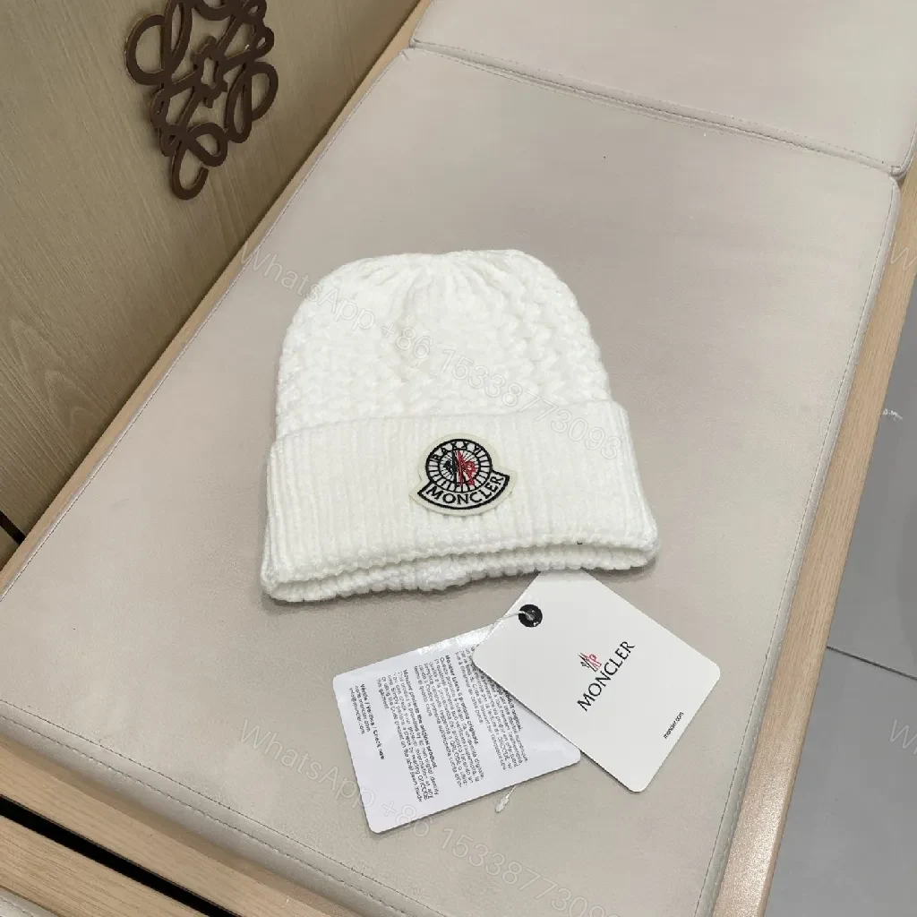 White Knit Beanie with Premium Comfort Knit Style and Moncler Patch — view 1