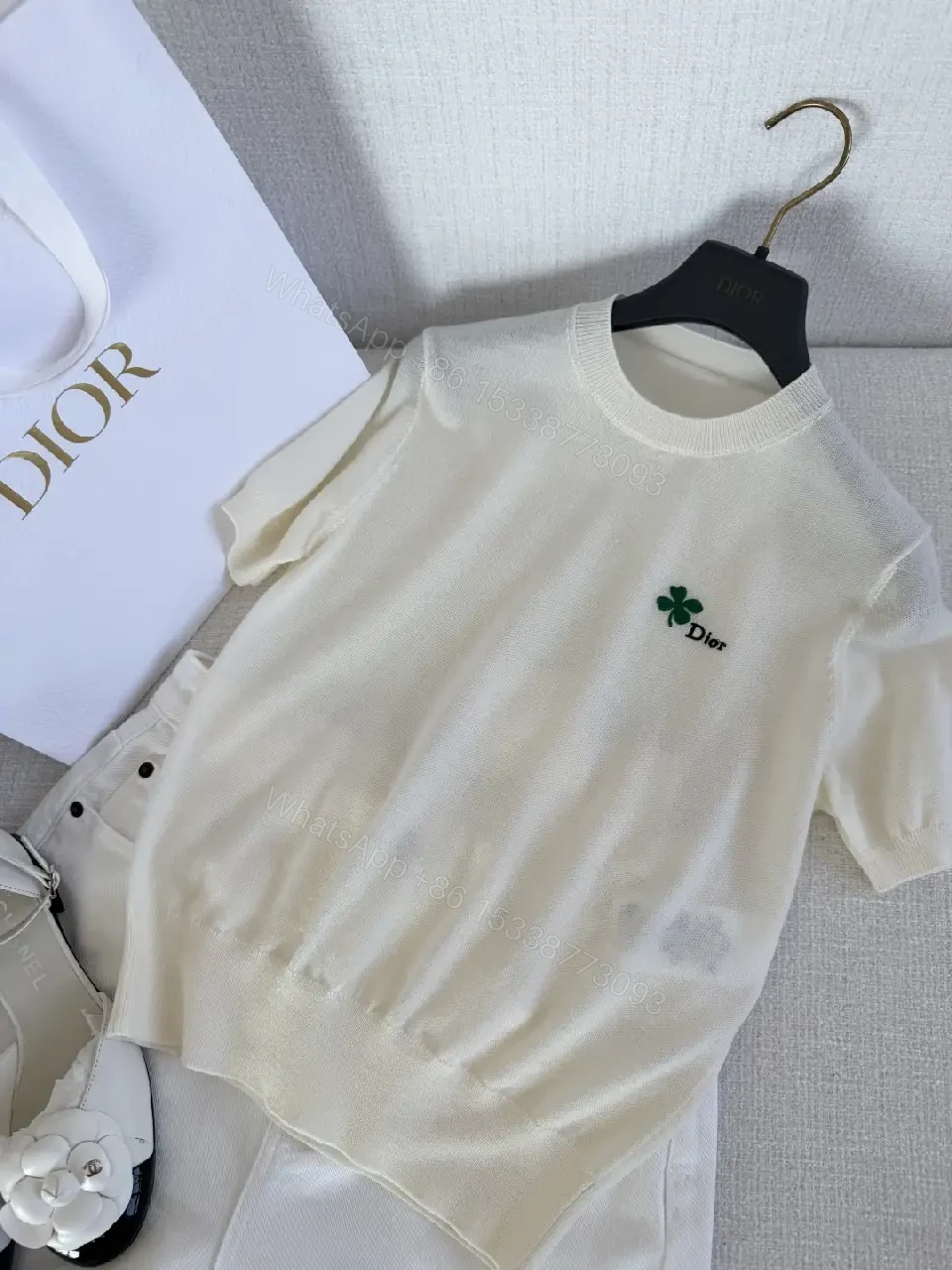 View 7 of Cream Knit Tee Emerald Clover Logo Luxury Comfort Top