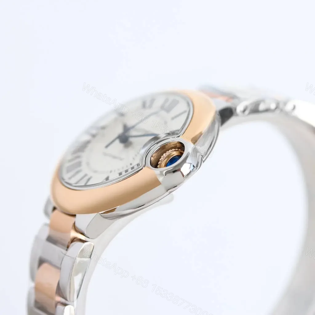 View 7 of JF Factory Cartier Ballon Bleu Automatic Watch – Rose Gold and Stainless Steel, Dark Yellow Dial, Roman Numerals, Blue Hands, 10mm Thick, Quick Release Leather Strap, Model 845565xx3489