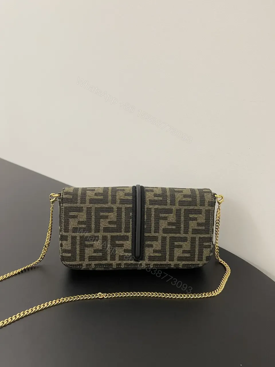 View 9 of Gray Coated Fabric Rectangular Shoulder Bag Bold Vertical Logo Clasp Product Type