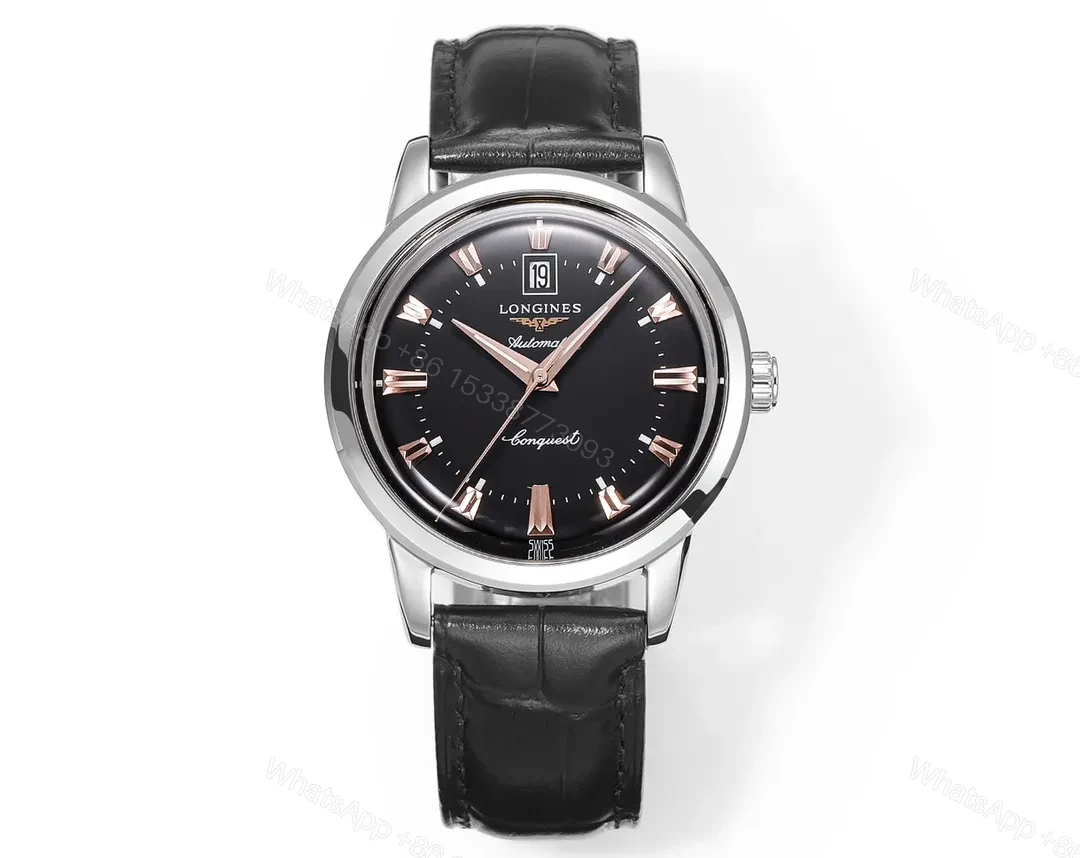 Longines Conquest Classic Re Edition Cyclops Watch Black Dial with Gold Markers 40mm Stainless Steel Case Italian Leather Strap — view 1