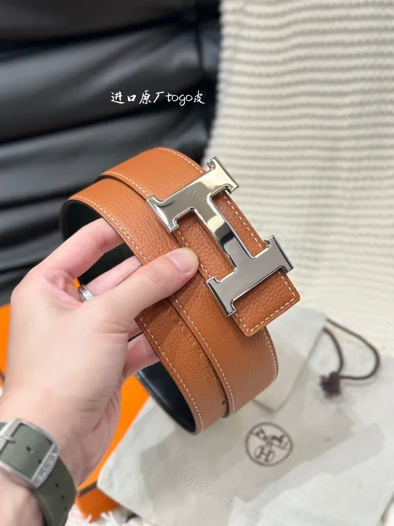 View 4 of Brushed-Hardware Leather Belt with H Buckle â€“ 38mm Luxury