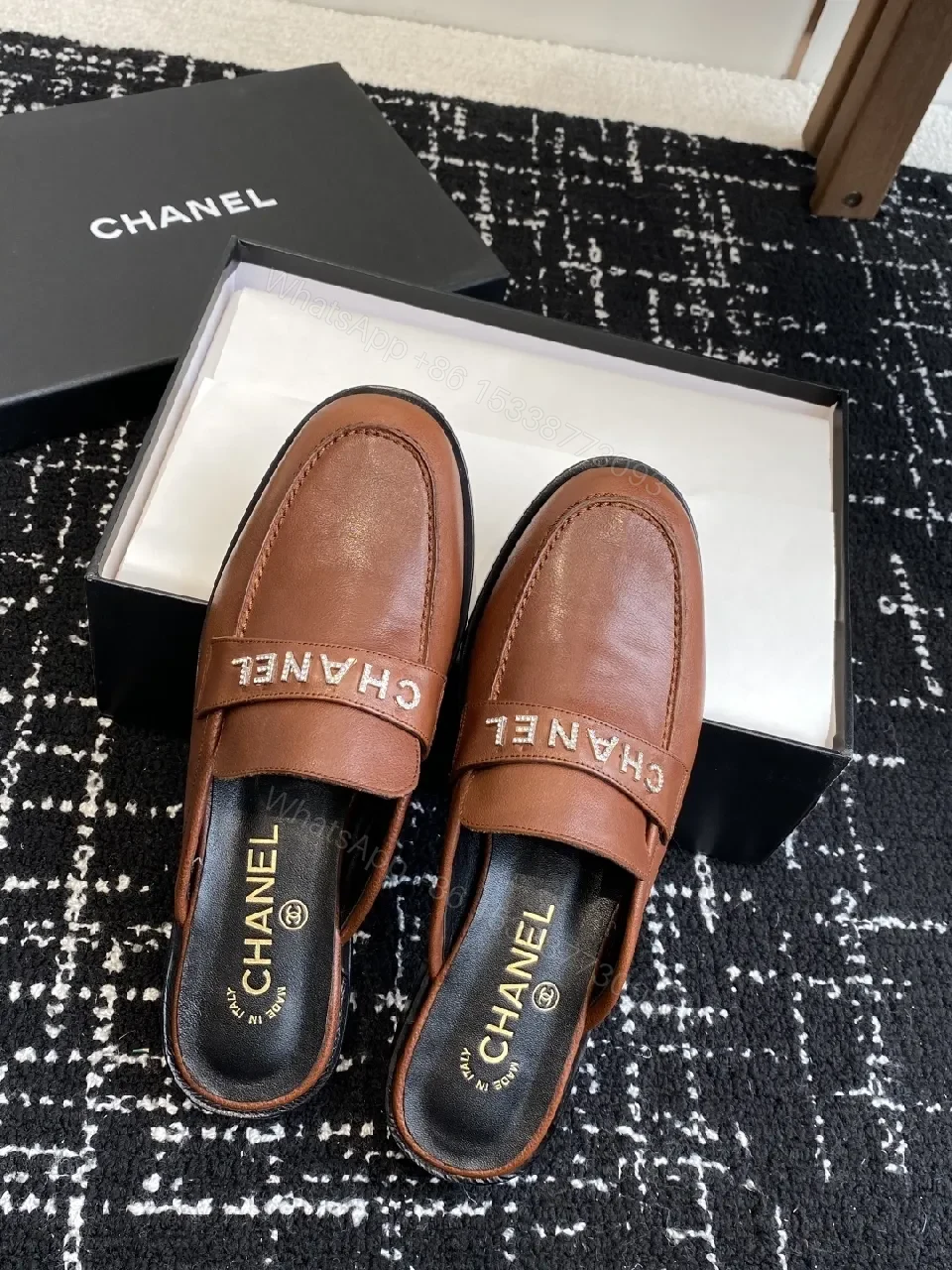 View 3 of Caramel Leather Mules with Bold Logo – Luxury Comfort Slips