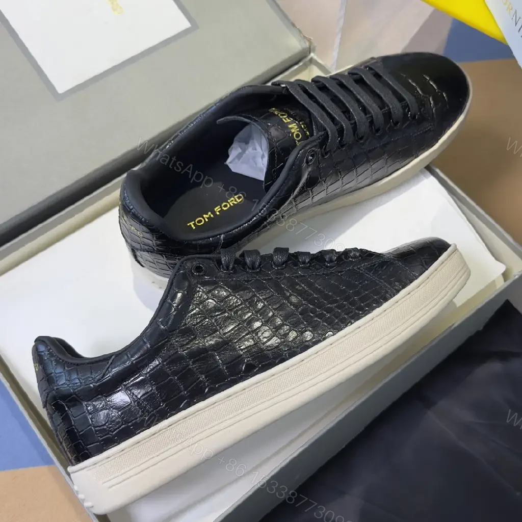 View 7 of Croc-Textured Leather Sneakers – Black & Cream, Luxury Casual