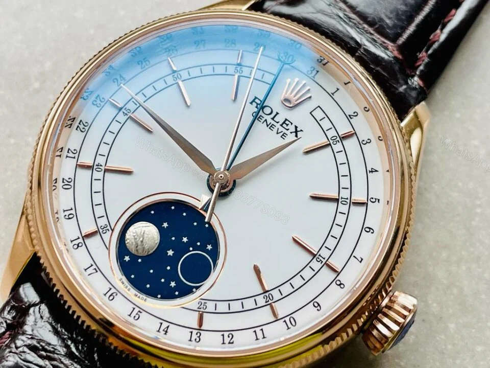 View 9 of Rolex Cellini Moonphase 50535 RG White Dial on Leather Strap Asia 3195 Mod