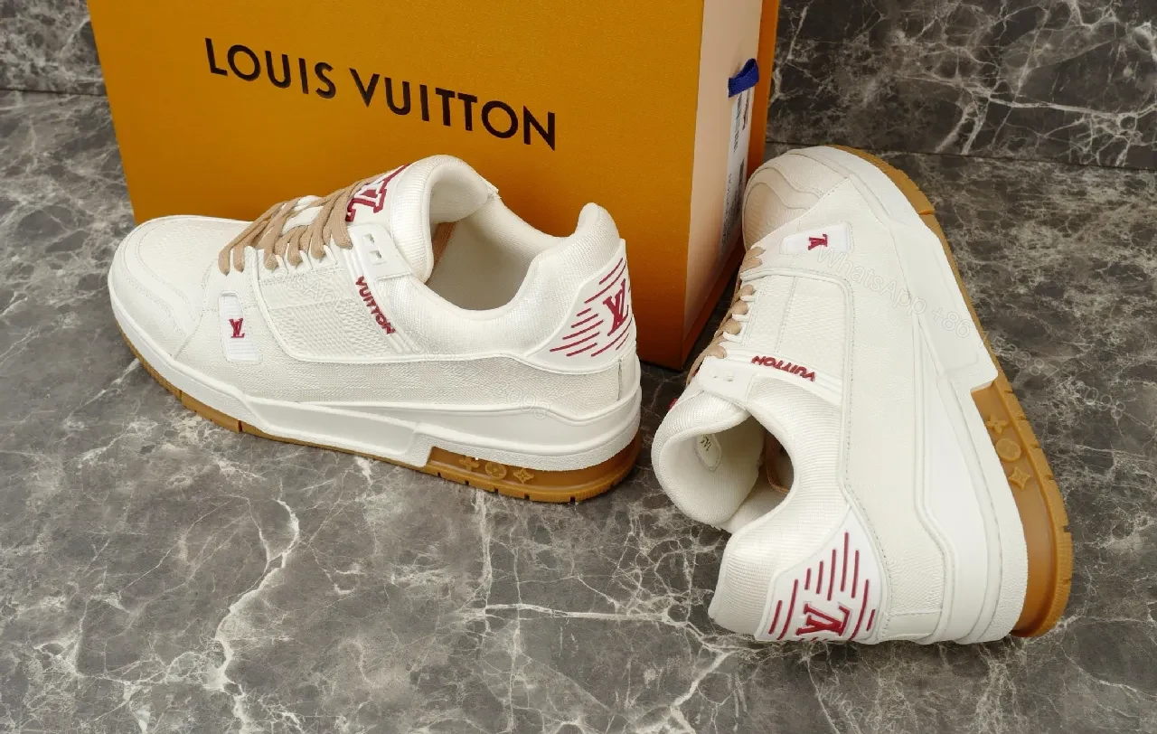 View 3 of Premium White Trail Runner – Beige Accents, Leather-Synthetic, Low-Profile, Discreet LV Details, Men’s Sneakers