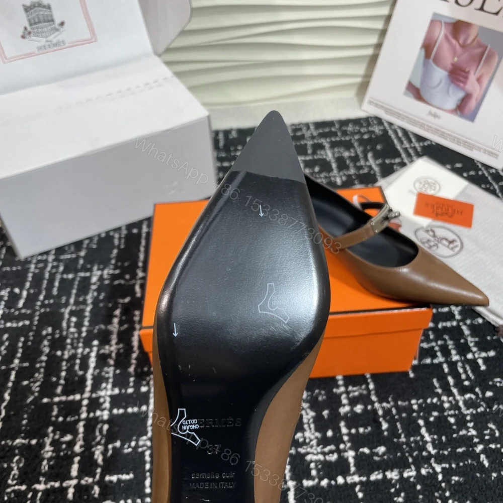 View 9 of 高仿Hermes*Kelly系列H251007Z03小牛皮高踭鞋木色4CM免檢版