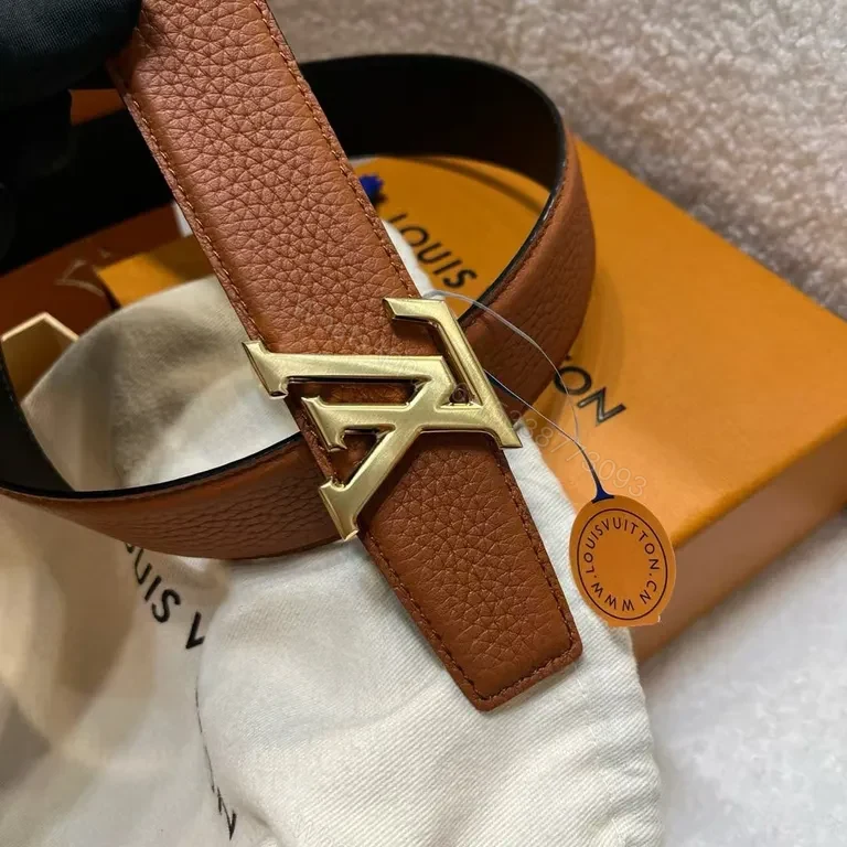 View 3 of Bold Leather Belt with LV Gold Buckle - Everyday Luxury