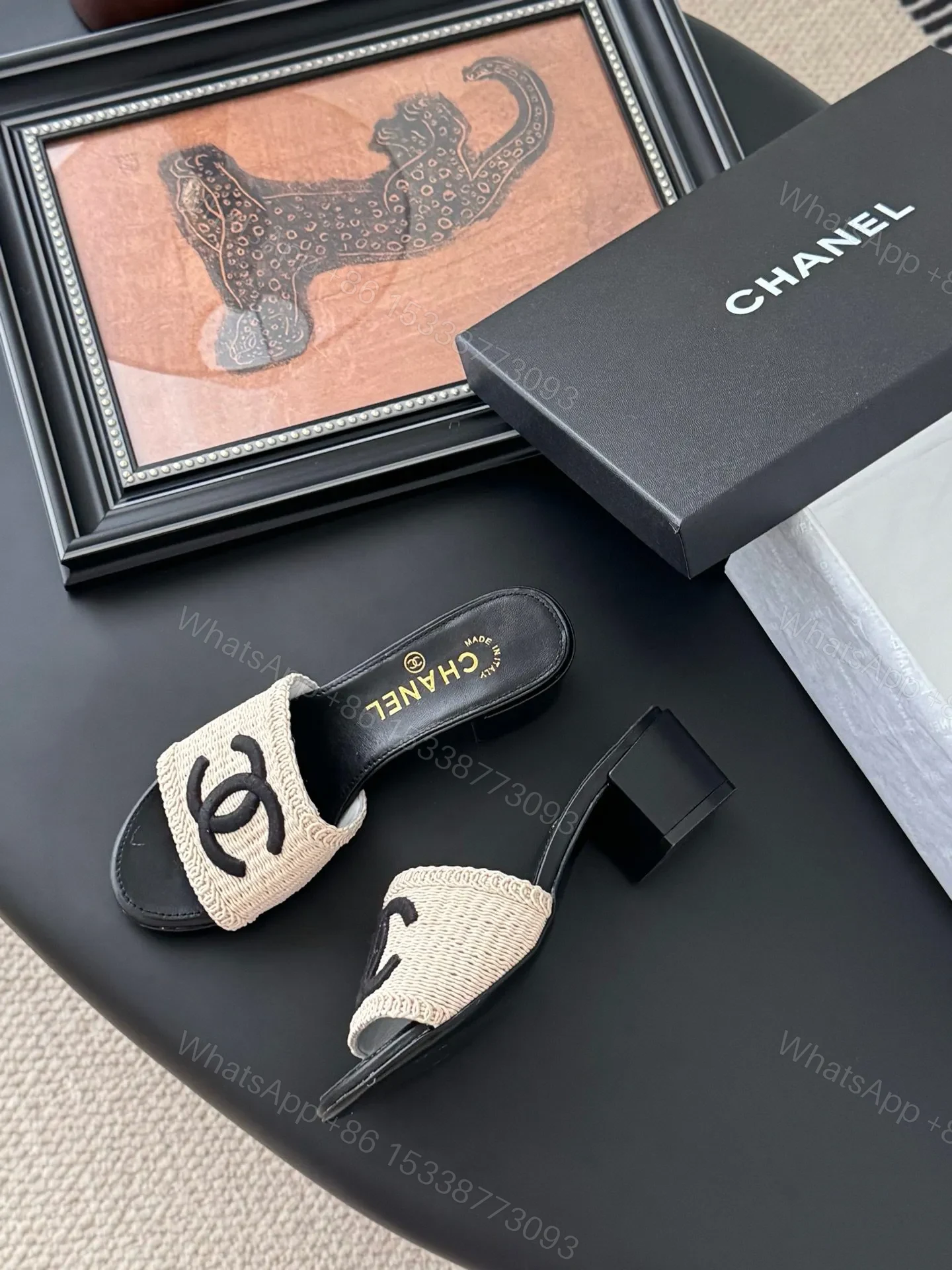 View 4 of Chanel Women Beige Woven Fabric Black Leather Slides