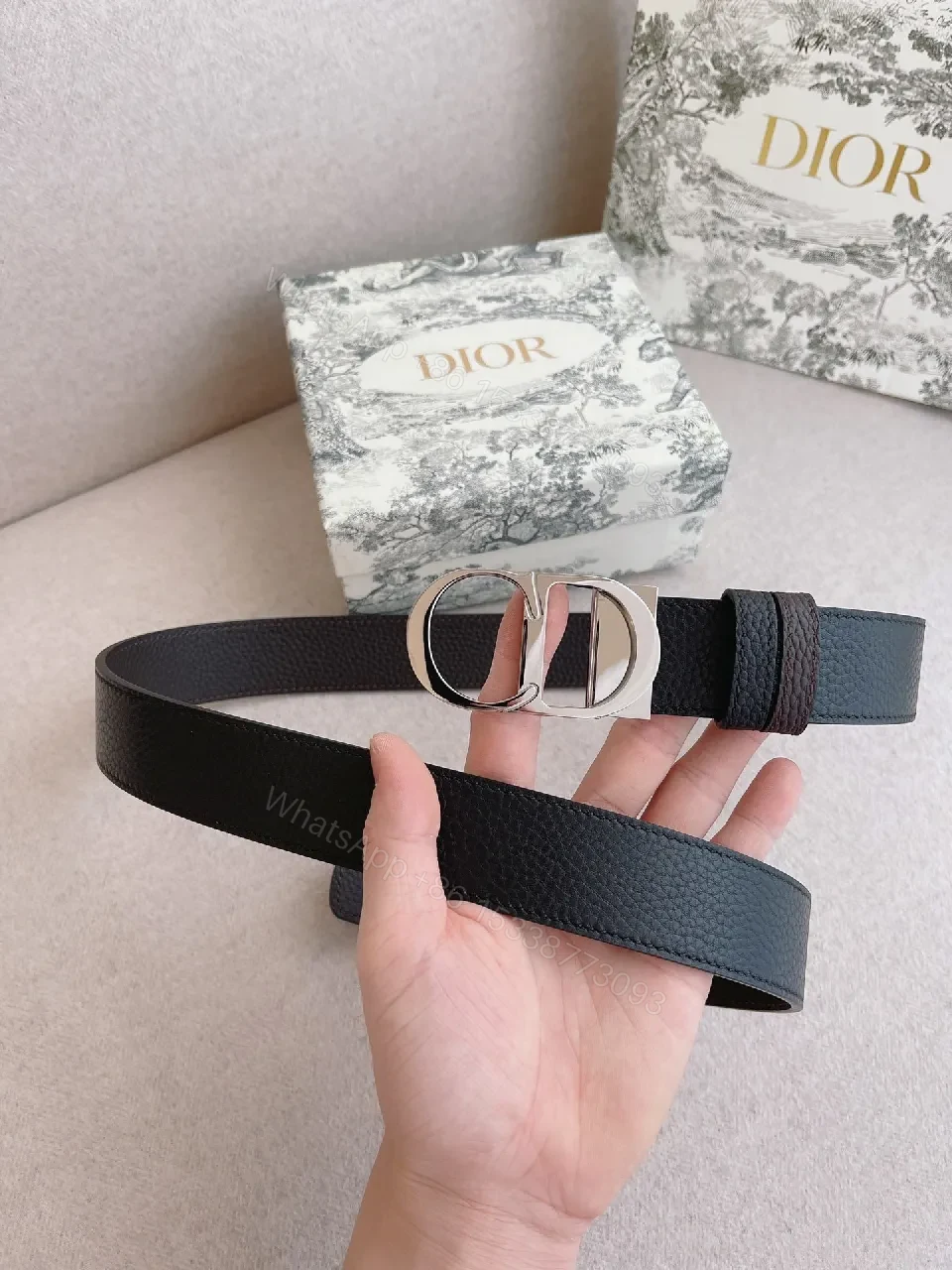 View 5 of Black Leather Double-D Ring Belt - Premium Texture