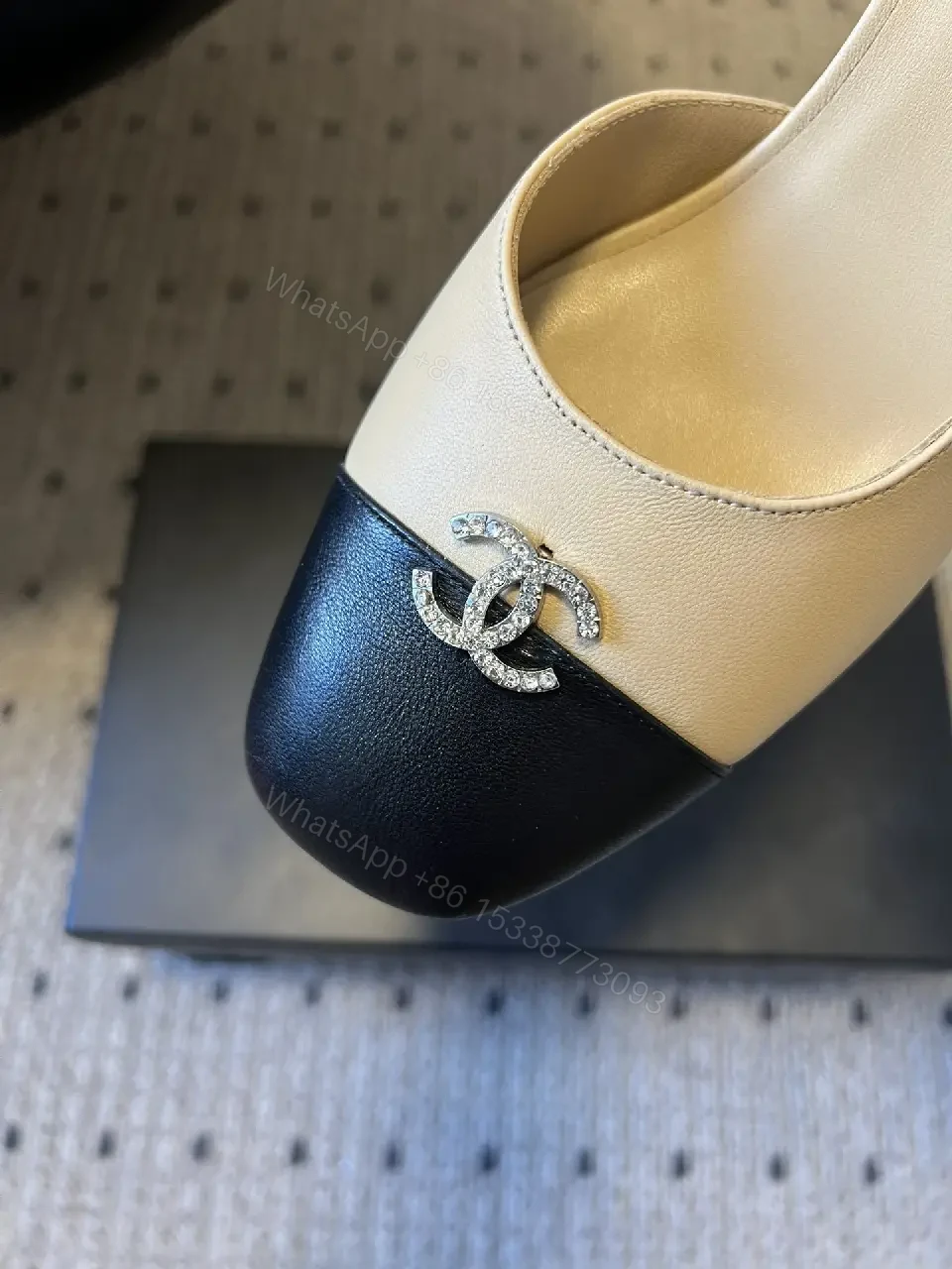 View 4 of Two-Tone Slingbacks with Logo Detail - Leather Heels