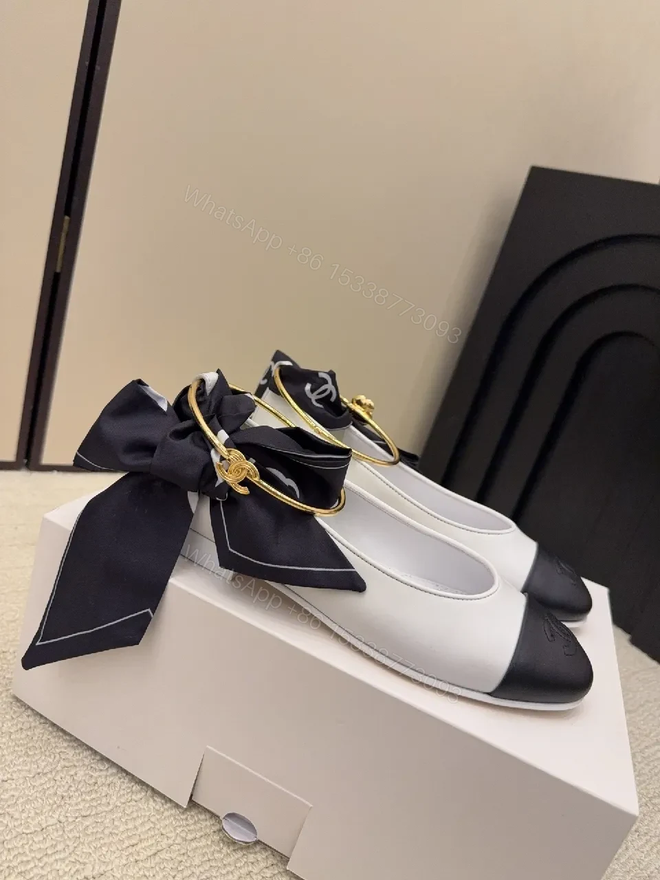 View 8 of Two-Tone Quilted Slingback with Gold Ring Strap Shoes