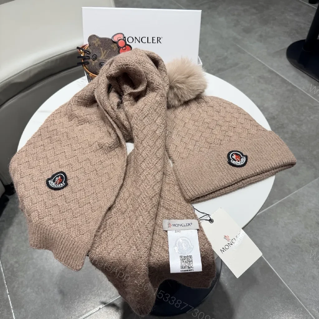 View 7 of Camel Knit Set: Plush Beanie & Scarf with Crest Detailing