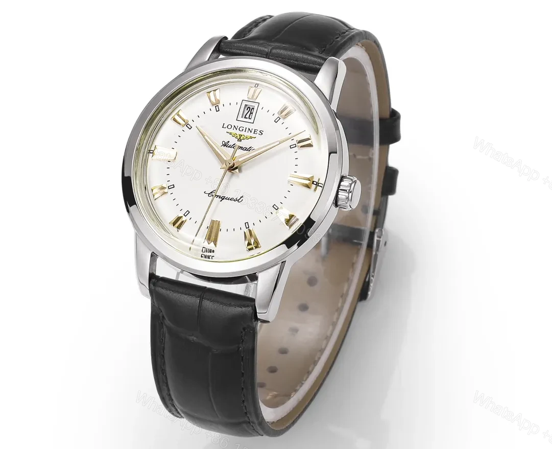 View 3 of Longines Conquest Classic Re Edition Cyclops Watch Silver Dial Black Leather Strap
