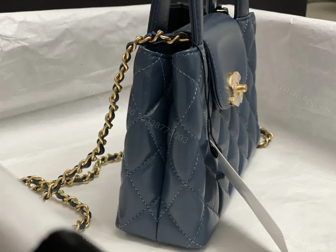View 8 of Blue Quilted Mini Bag: Structured Luxury, Gold Hardware