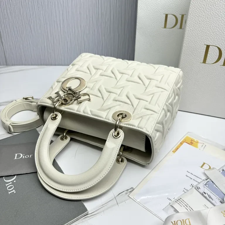 View 5 of White Leather Structured Tote: Dior-Embossed, Compact Luxury Tote