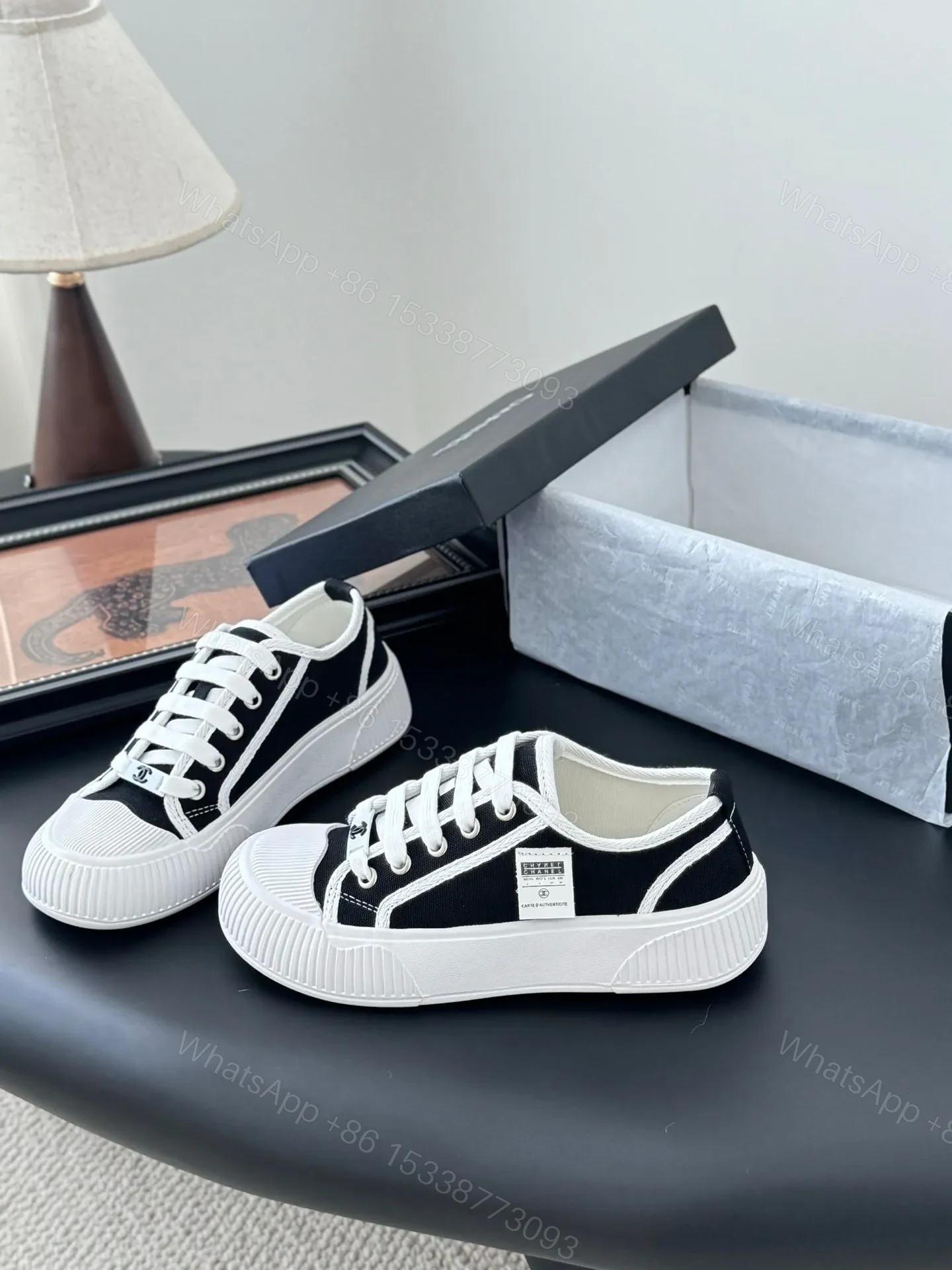View 2 of Chanel Women Black Canvas White Trim Sneakers