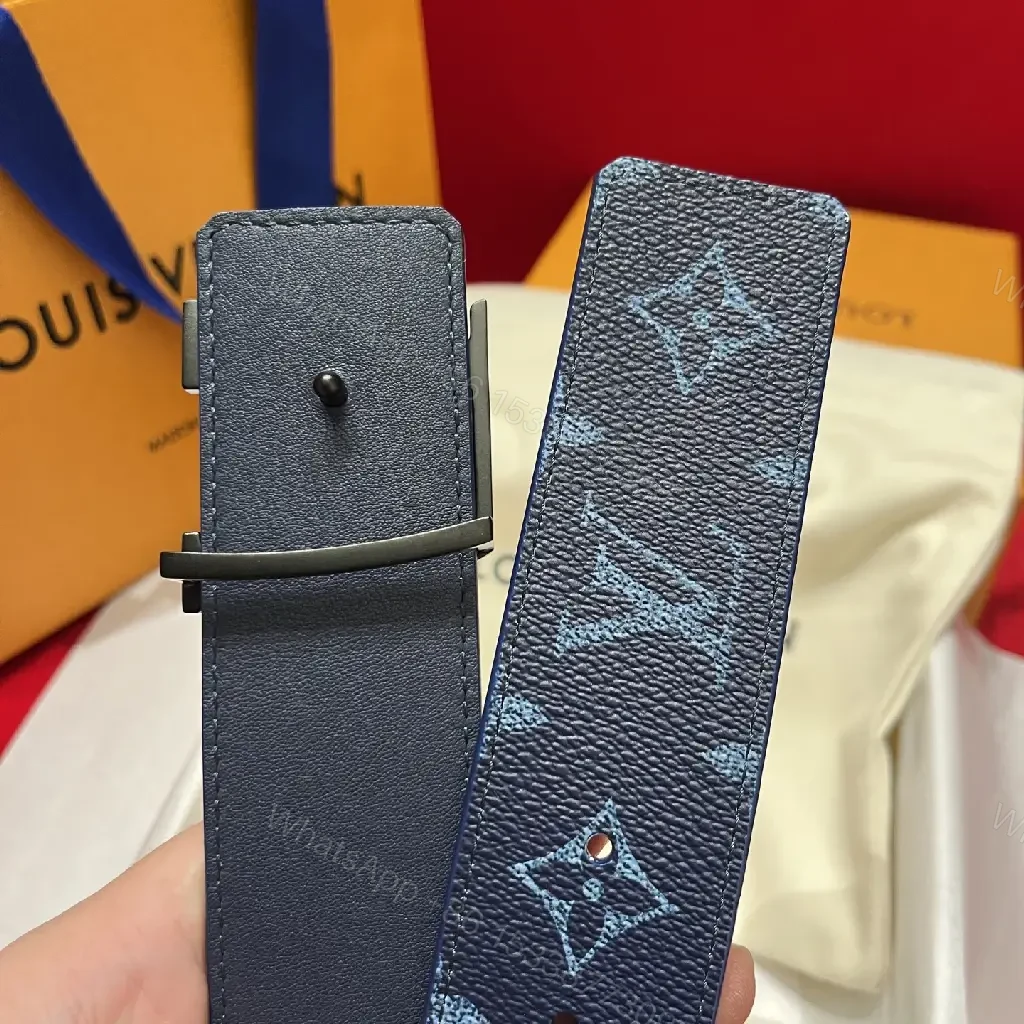 View 2 of Dark Blue/Black LV Patterned Canvas Belt with Bold Oversized Monogram Buckle