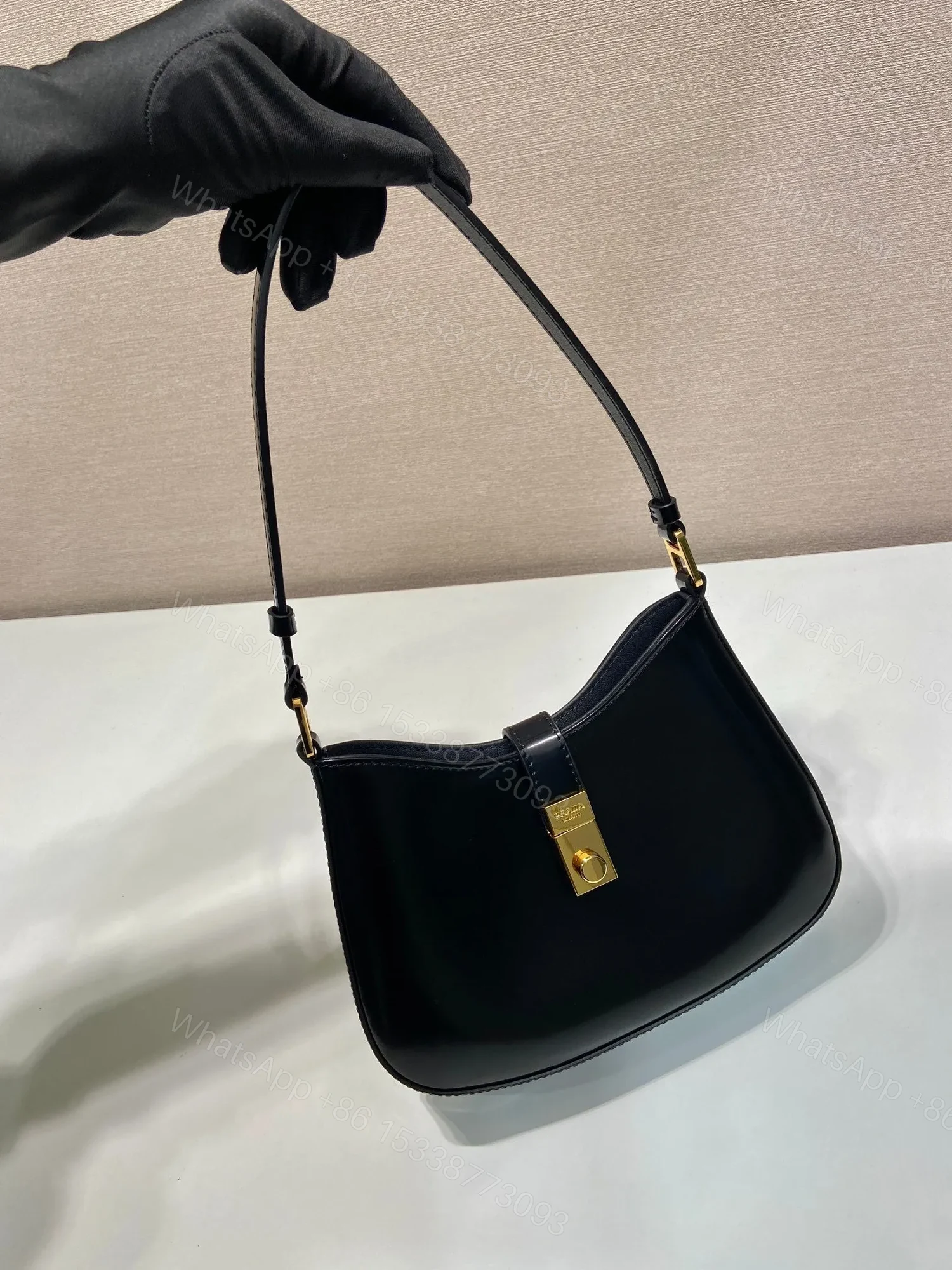 View 2 of PRADA CLEO SHOULDER BAG 22 IN BLACK BRUSHED LAMBSKIN WITH CLASP CLOSURE