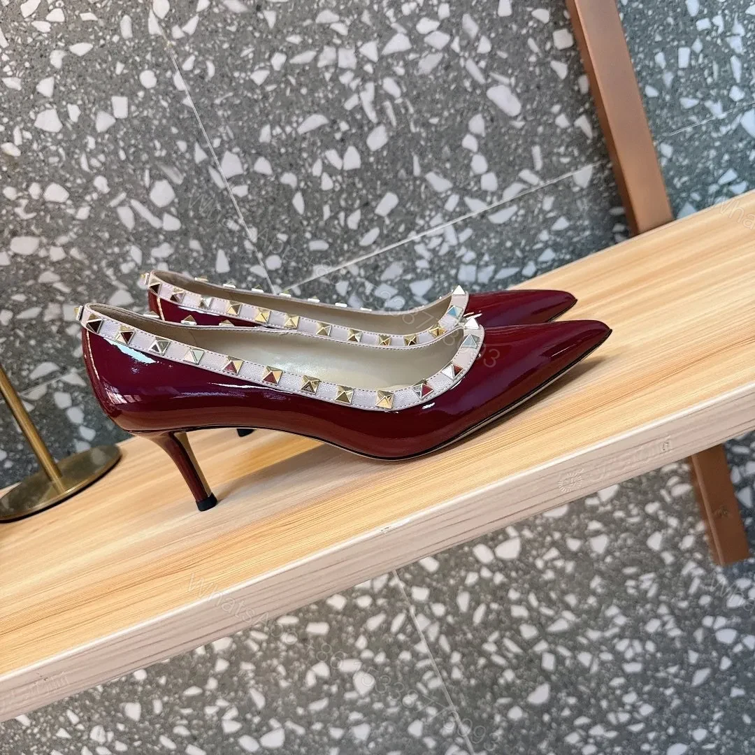View 4 of Valentino Women Burgundy Patent Leather Studded Pumps