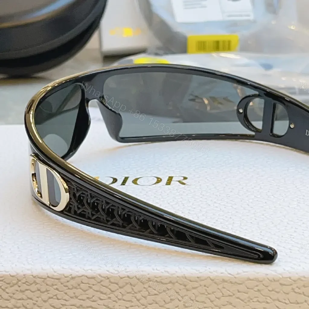 View 9 of Black Frame Sunglasses: Futuristic Wraparound, Dior Gold Logo Lenses