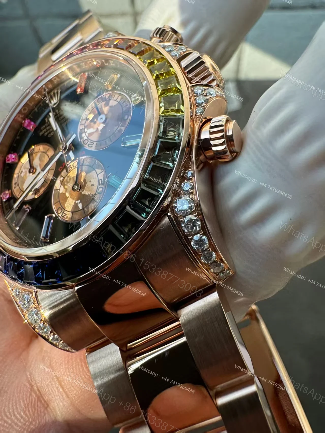 View 15 of Rolex Super Clone Rainbow Daytona 1:1 Replica Watch – 18K Rose Gold