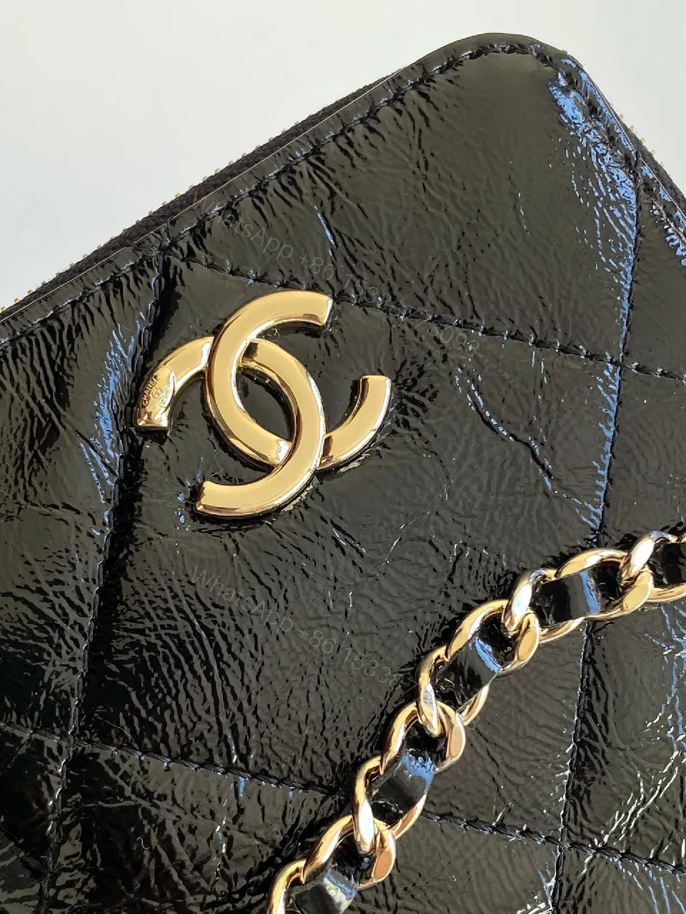 View 5 of Black Quilted Crossbody Bag with Gold Chain
