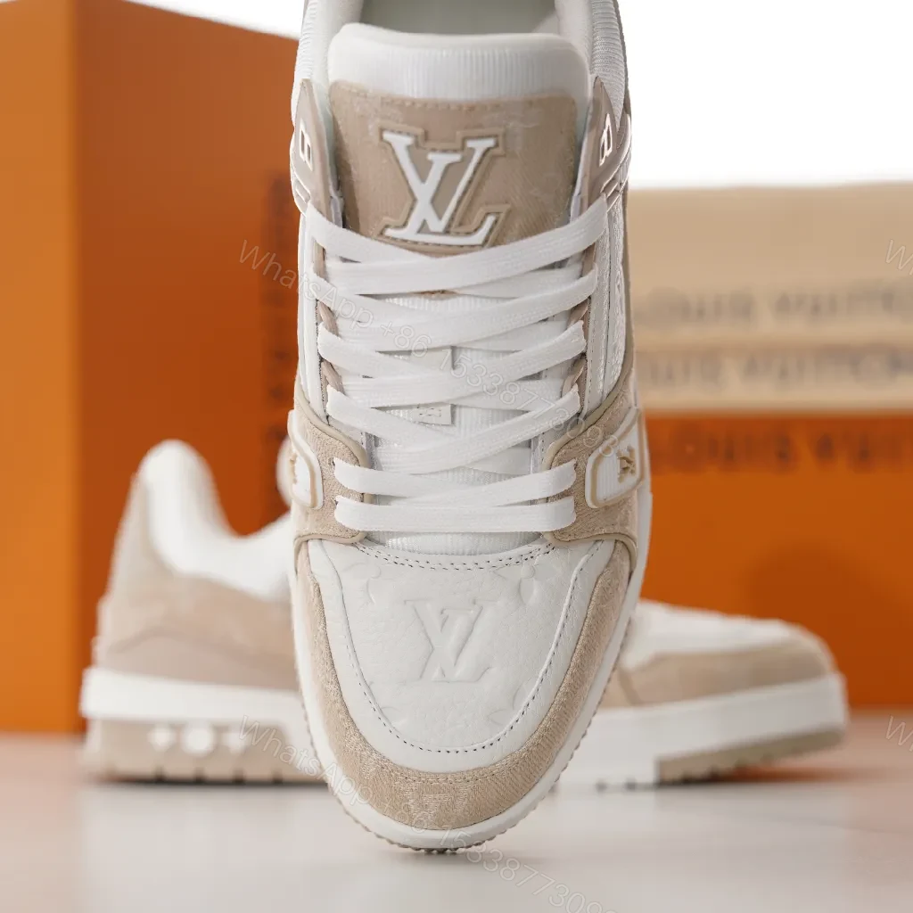 View 3 of Neutral-Tone Suede Leather Sneakers with Subtle LV-Inspired Detailing