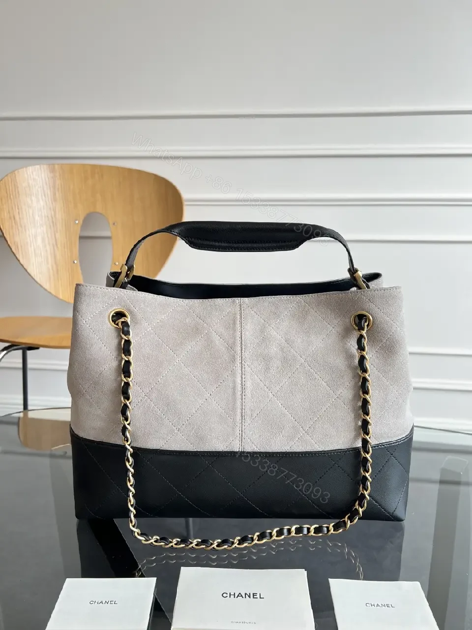 View 6 of Two-Tone Quilted Tote: Convertible Chain Handle, Subtle Glam