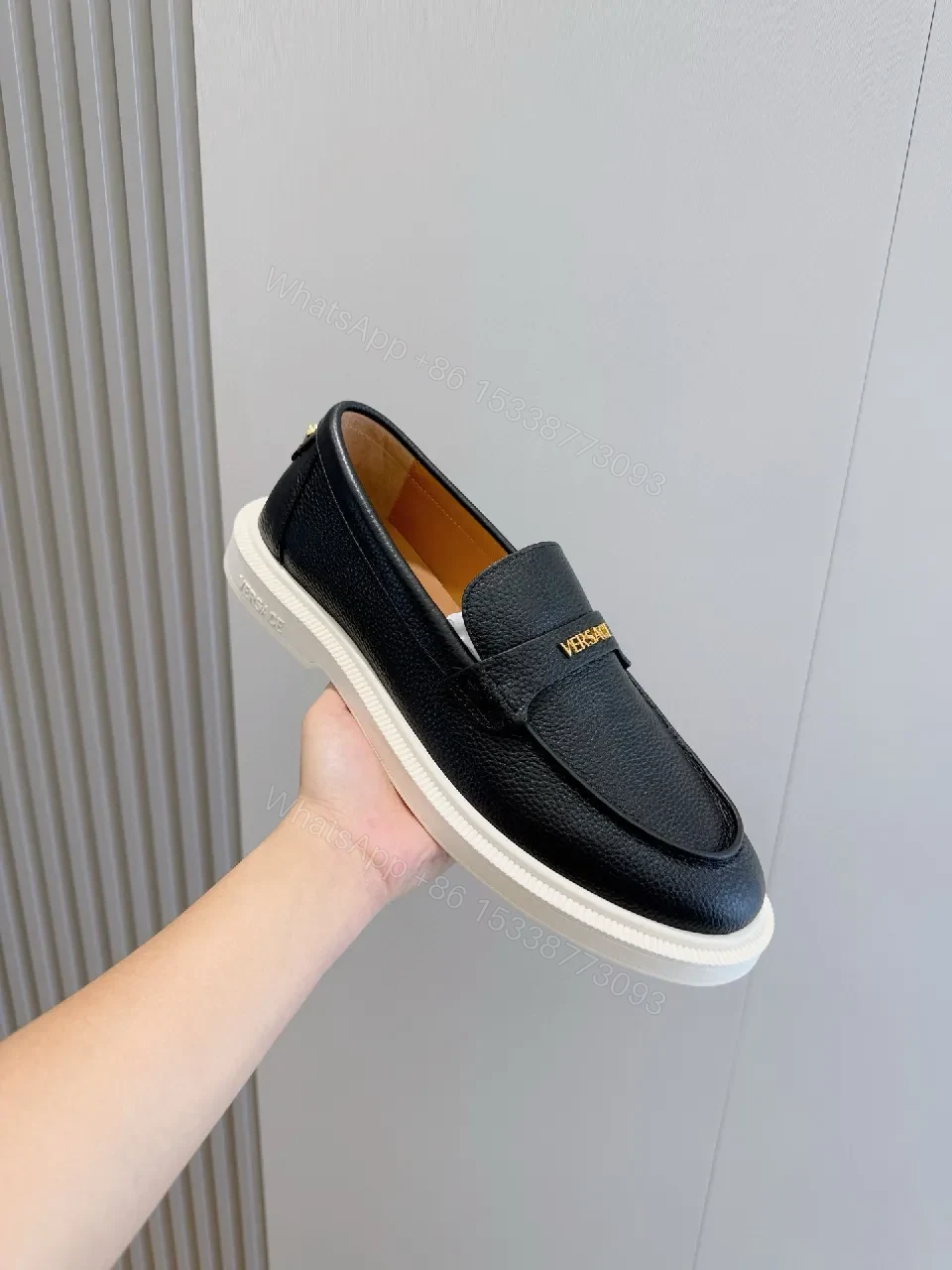 View 3 of Navy Leather Penny Loafers with Gold Hardware & White Sole