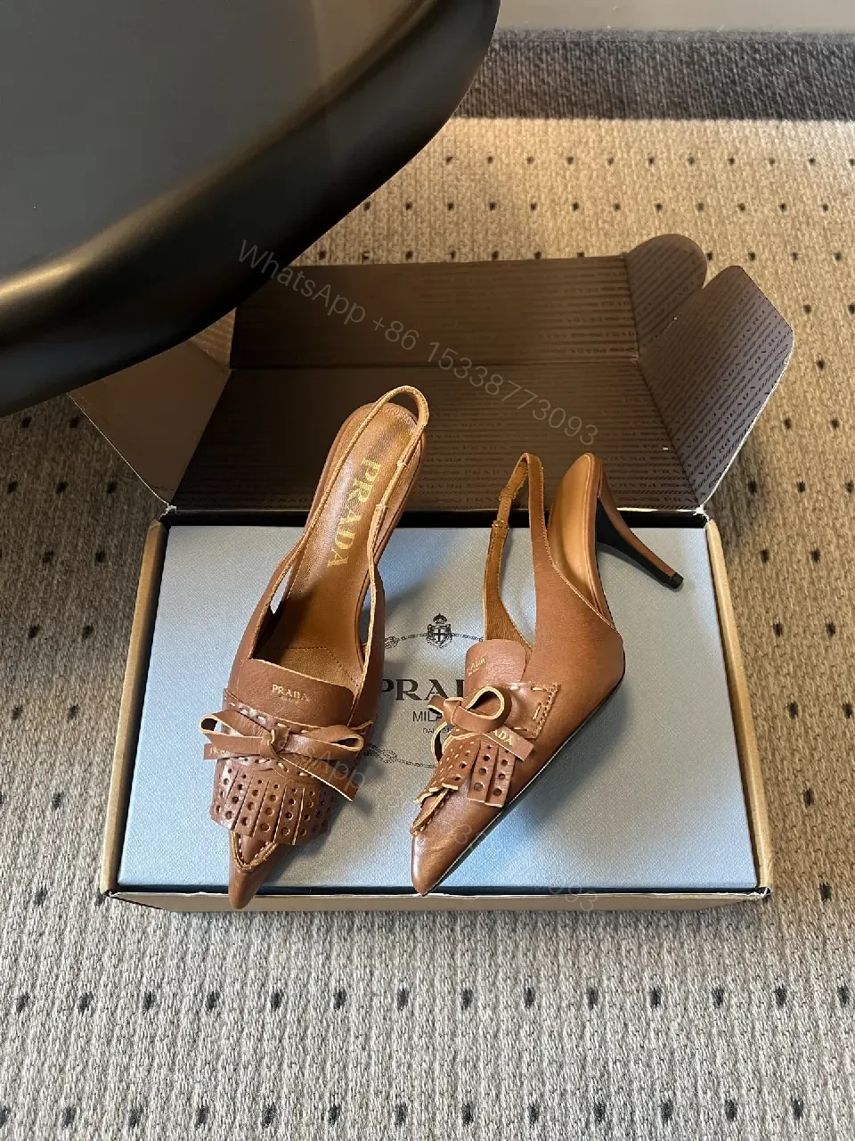 View 3 of Brown Leather Slingback Sandals Classic Style Open-Toe Prada Box Pair
