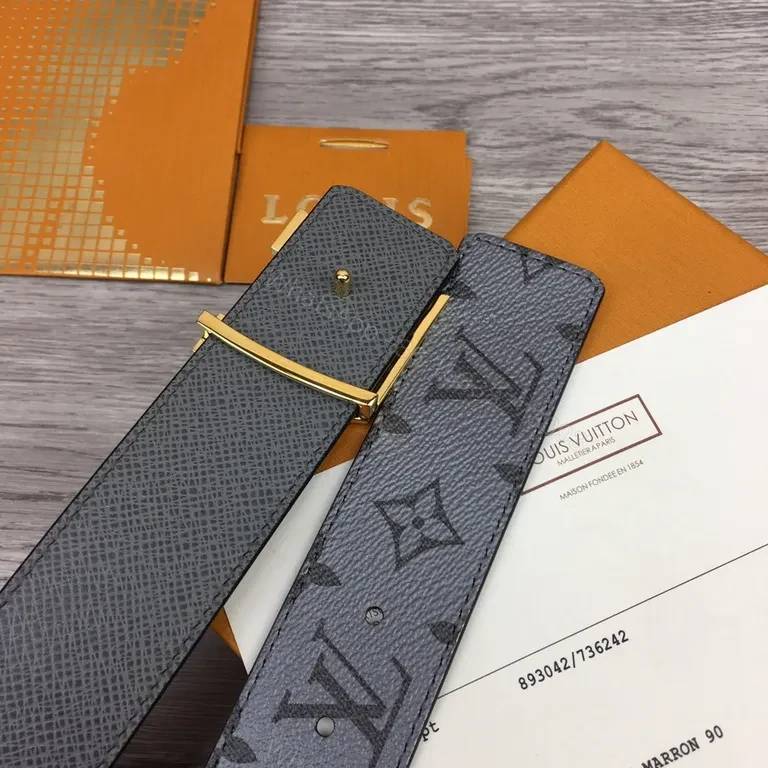 View 9 of Gray Leather Belt with Gold LV-Inspired Buckle