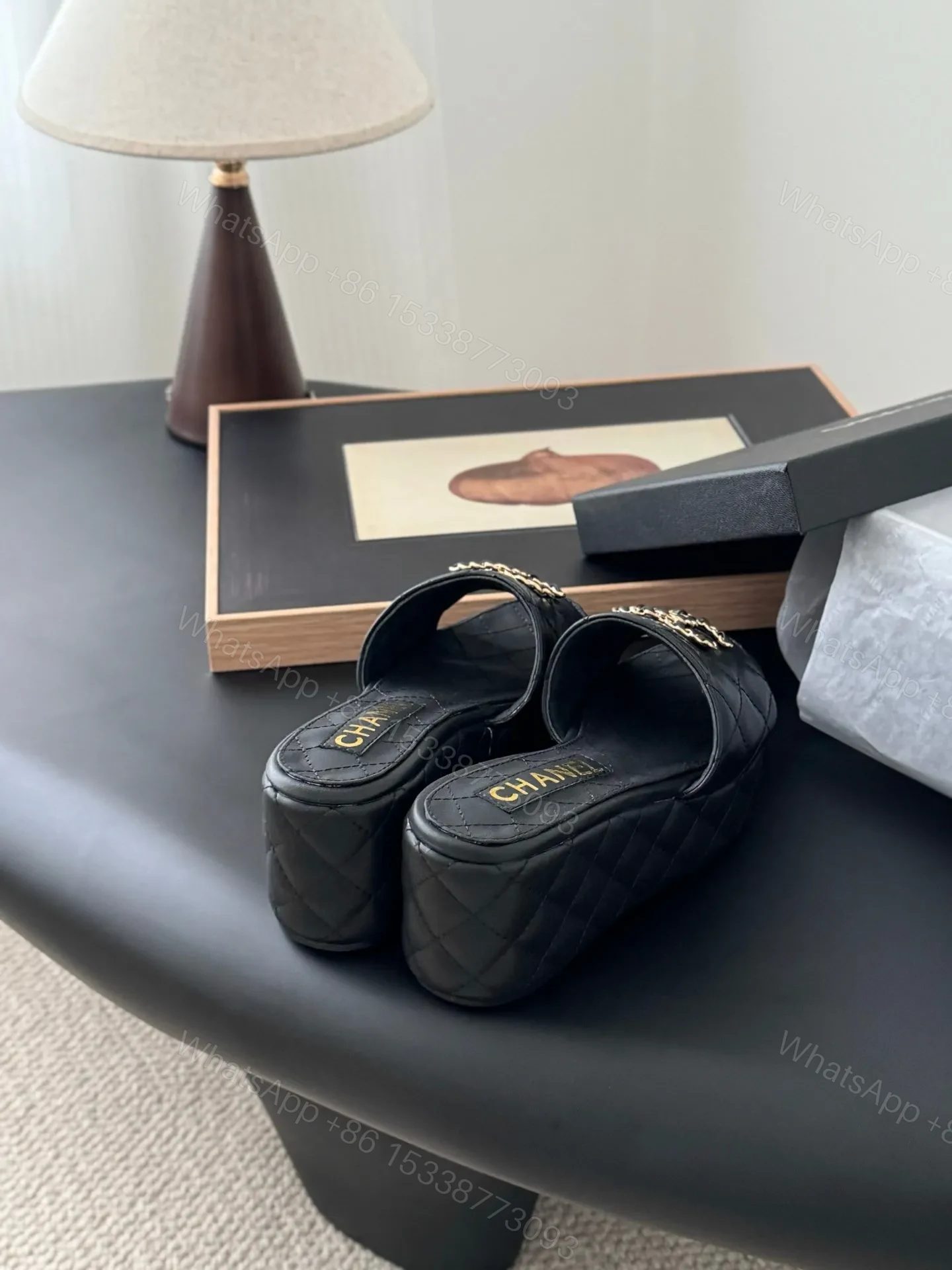 View 3 of Chanel Women Black Leather Quilted Slides