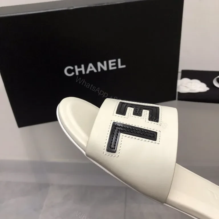 View 3 of Chanel-Inspired White Leather Slides with Bold Logo Strap