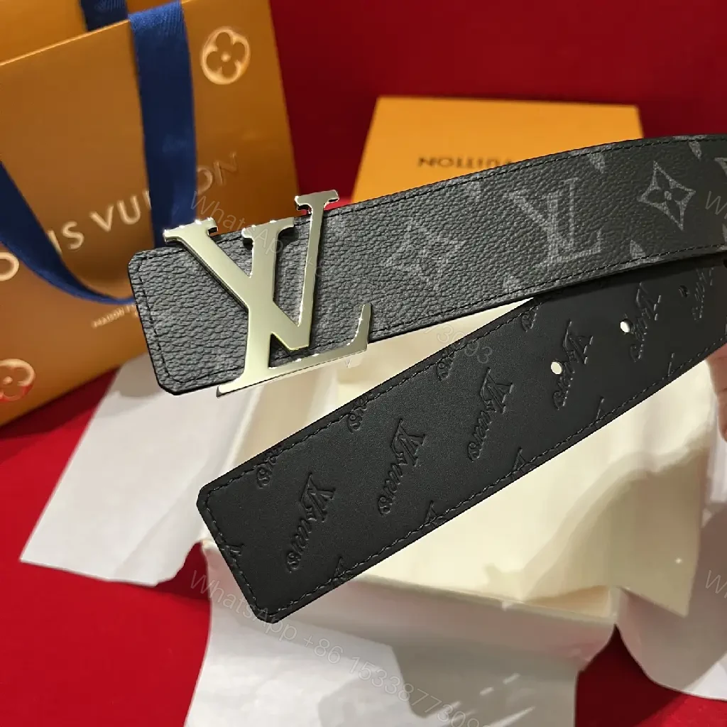 View 4 of Black Leather Belt, Embossed LV Motifs, Polished YSL-Style Buckle