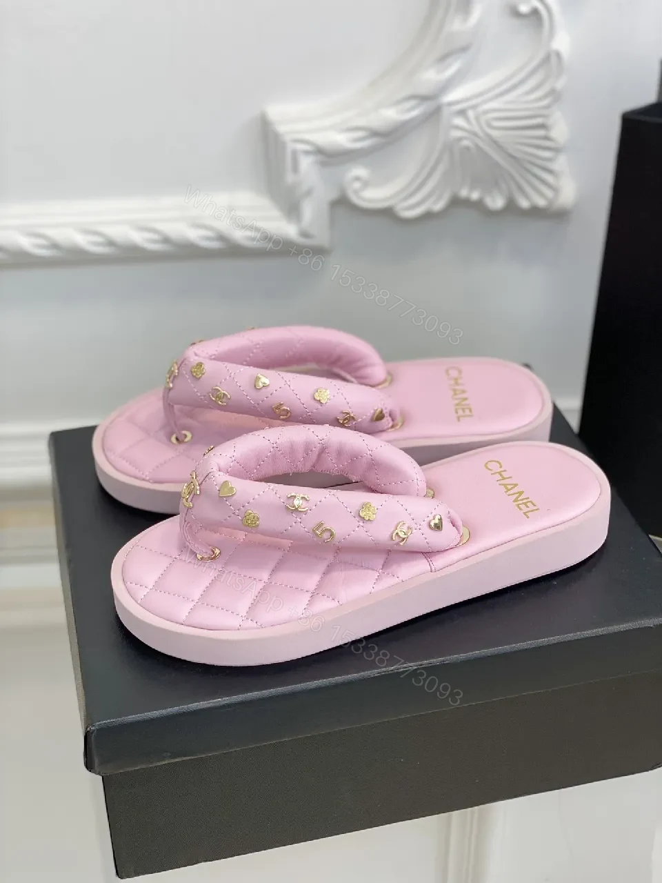 View 3 of Pink Quilted Sandals with Gold Hardware Slide