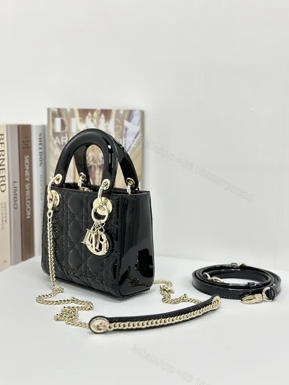 View 5 of Small-Handled Black Patent Bag: Chain Detail & Charms Brand-To-Go