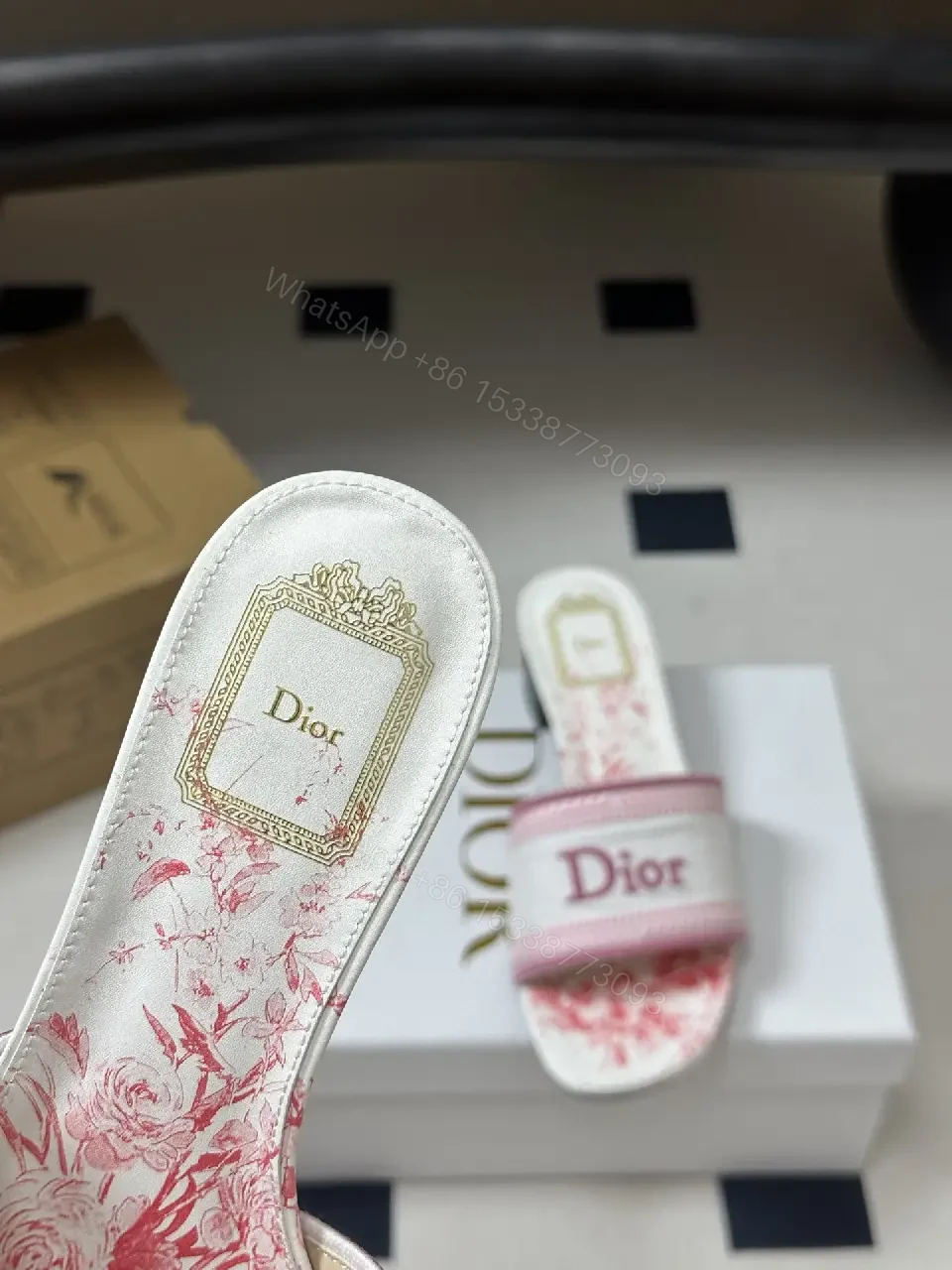 View 3 of pink and white monogram-patterned slide sandals with block heel for everyday luxury