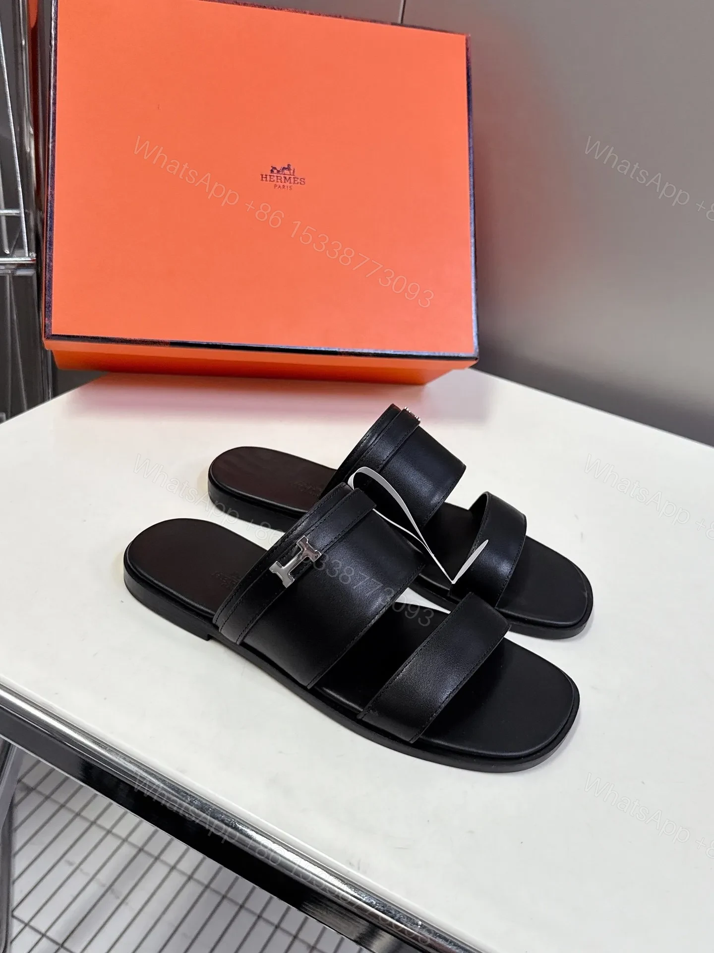 View 4 of Hermes Women Black Leather Flat Sandals