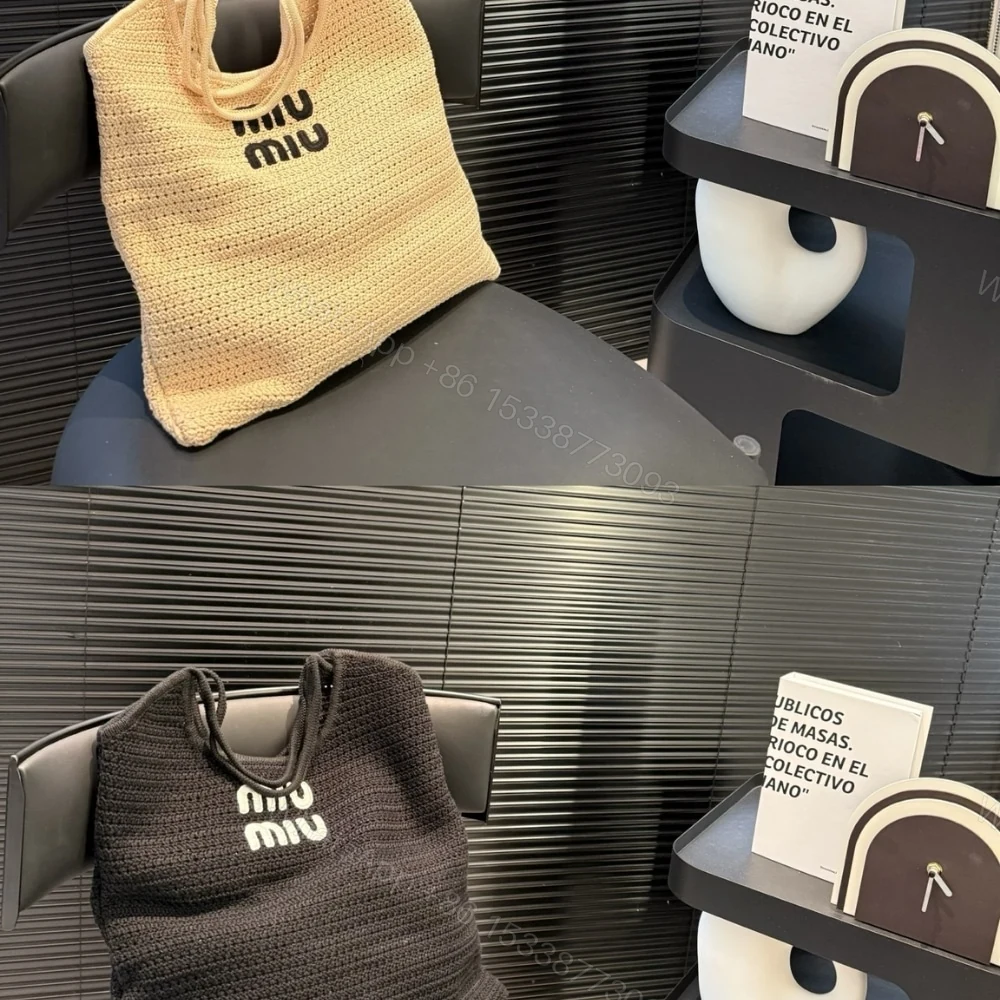 View 3 of MIUMIU RAFFIA EFFECT YARN AND COTTON TOTE BAG CHALK WHITE AND BLACK 36CM 5BG231 2CQY F0N13 V MRO