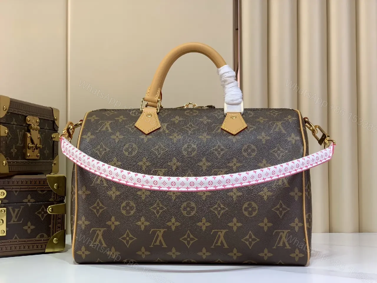 View 2 of Dark Brown Monogram Canvas Dome Tote with Pink-White Strap