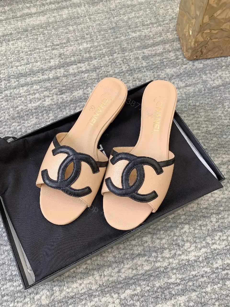 View 6 of Tan Leather Slip-Ons with Logo Detail – Everyday Luxe Sandals