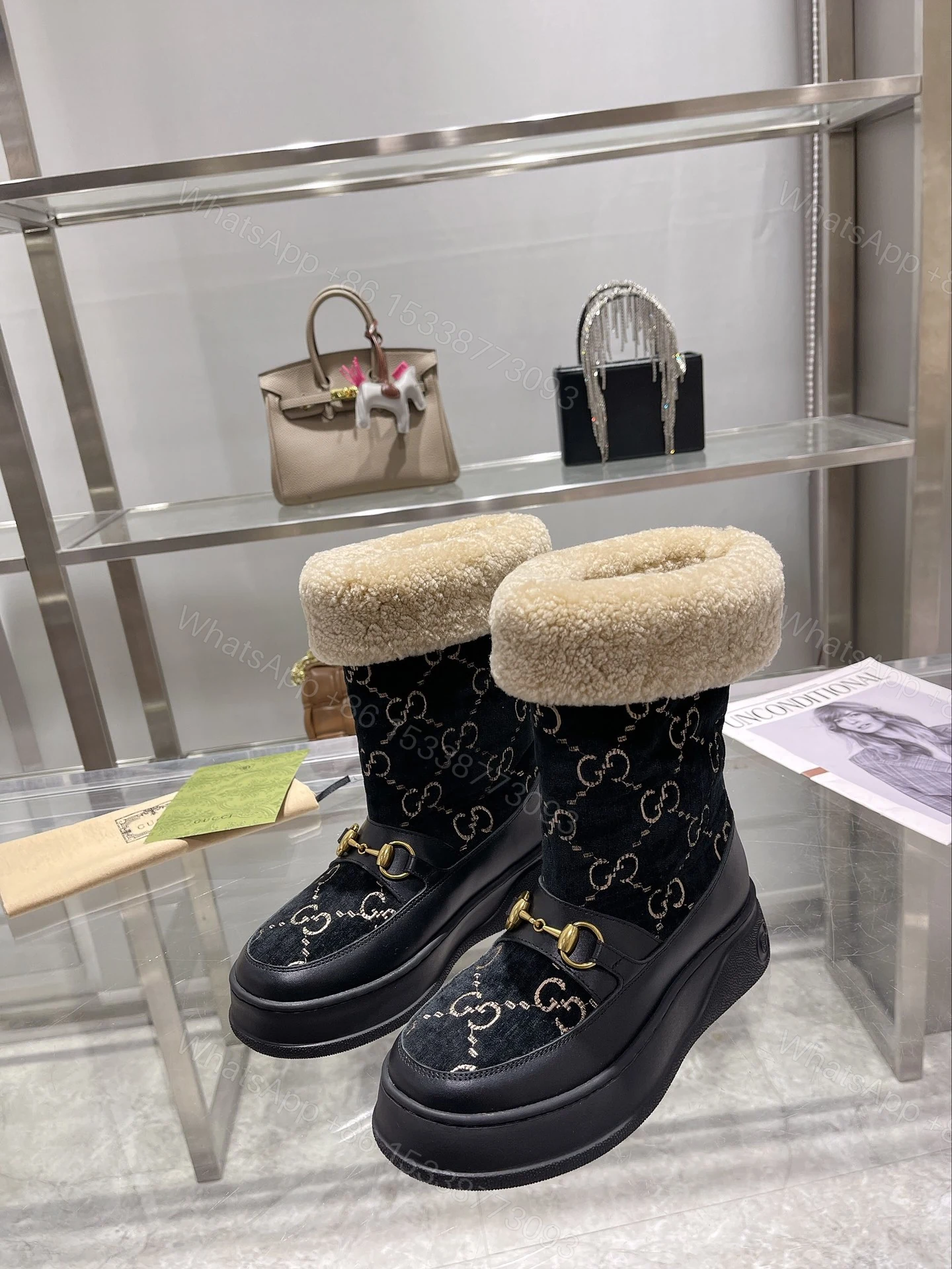 View 2 of GUCCI 1955 HORSEBIT SNOW BOOTS VELVET FABRIC BLACK