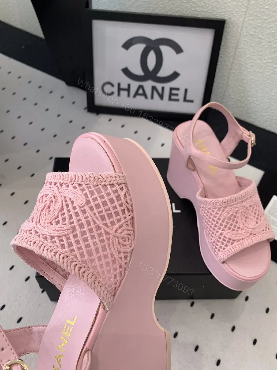 View 8 of Pink Knit-strap Platform Sandals with Pave Textured Sole