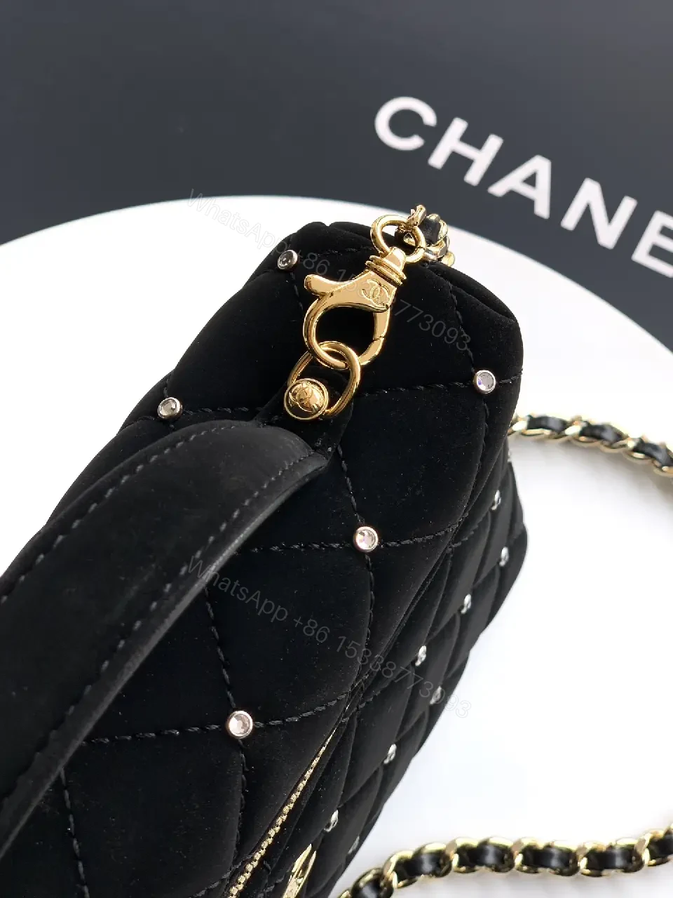 View 2 of Velvet Quilted Crossbody Mini Bag with Gold Hardware