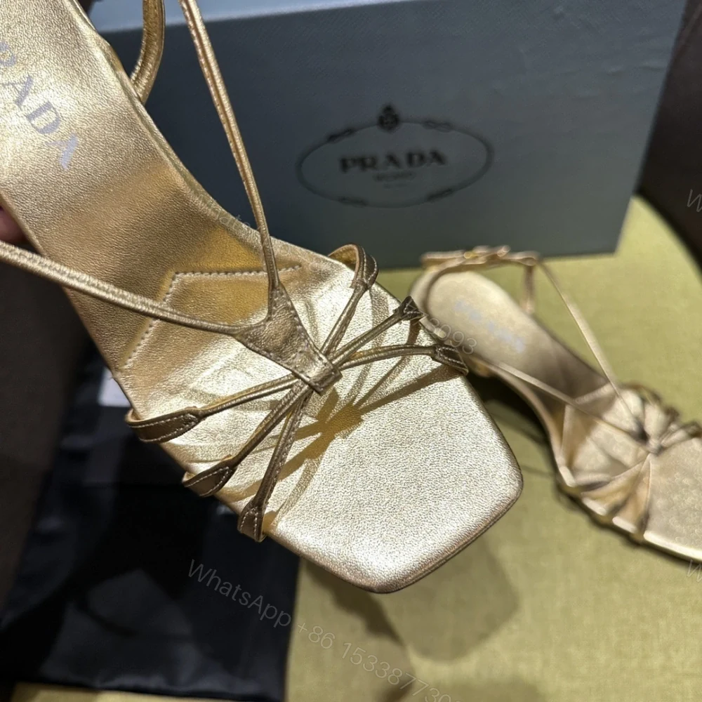 View 5 of 高仿Prada*1X504N方頭一字中踭涼鞋5.5CM金色免檢版
