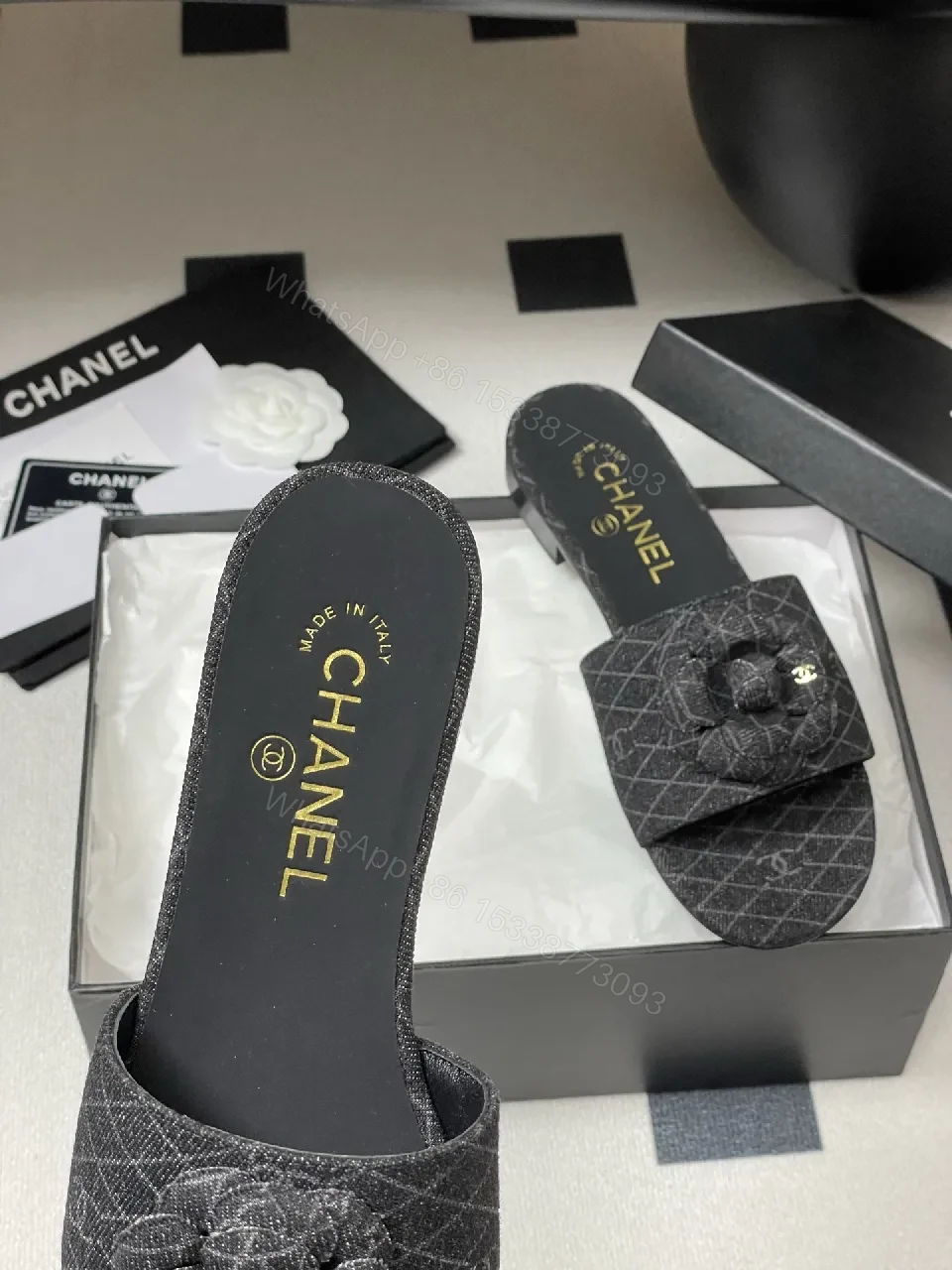 View 6 of Quilted Tweed Slides with Camellia Charm, Open-Back Luxury