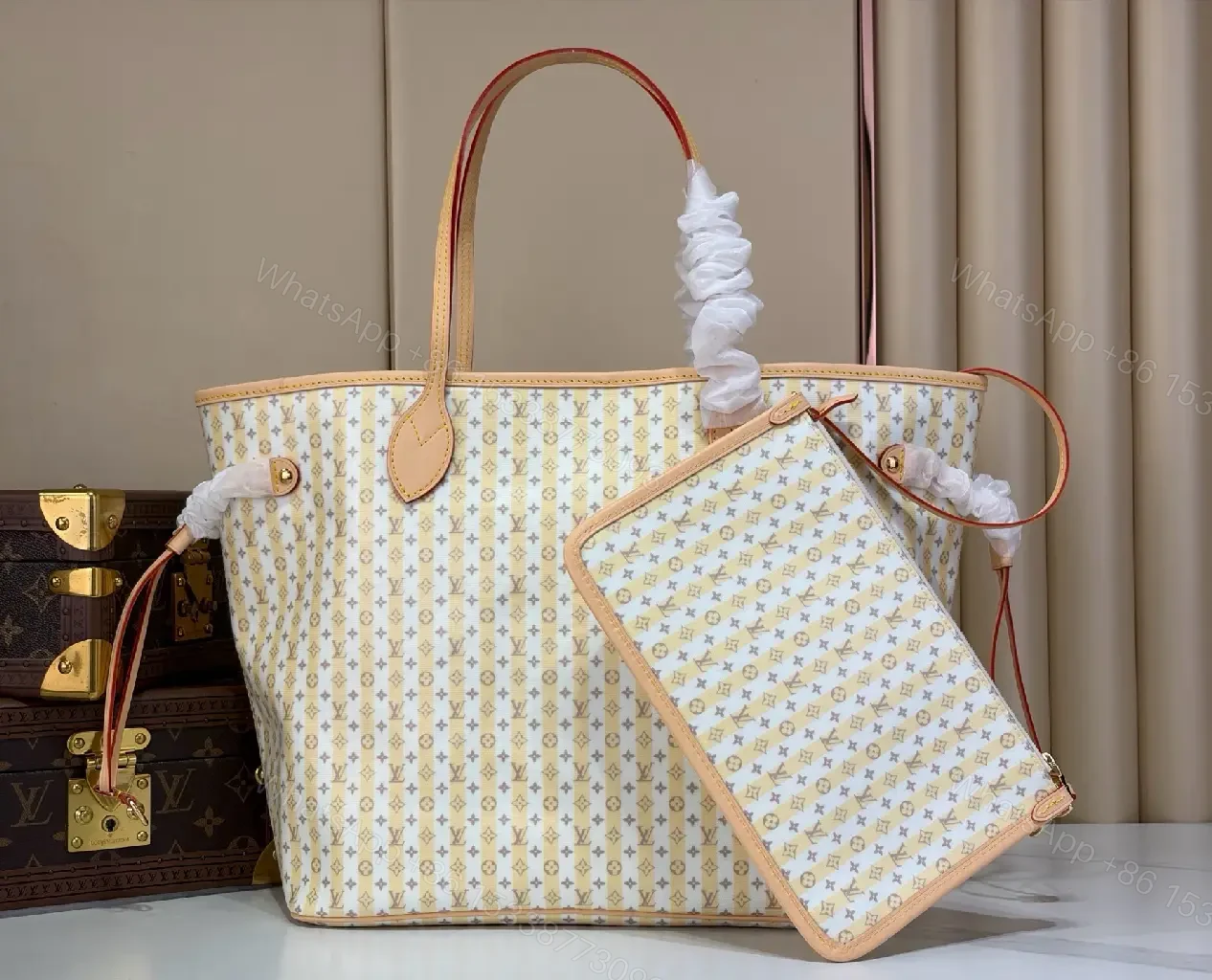 View 10 of Off-White Monogram Tote Pouch Set with Tan Leather Trim