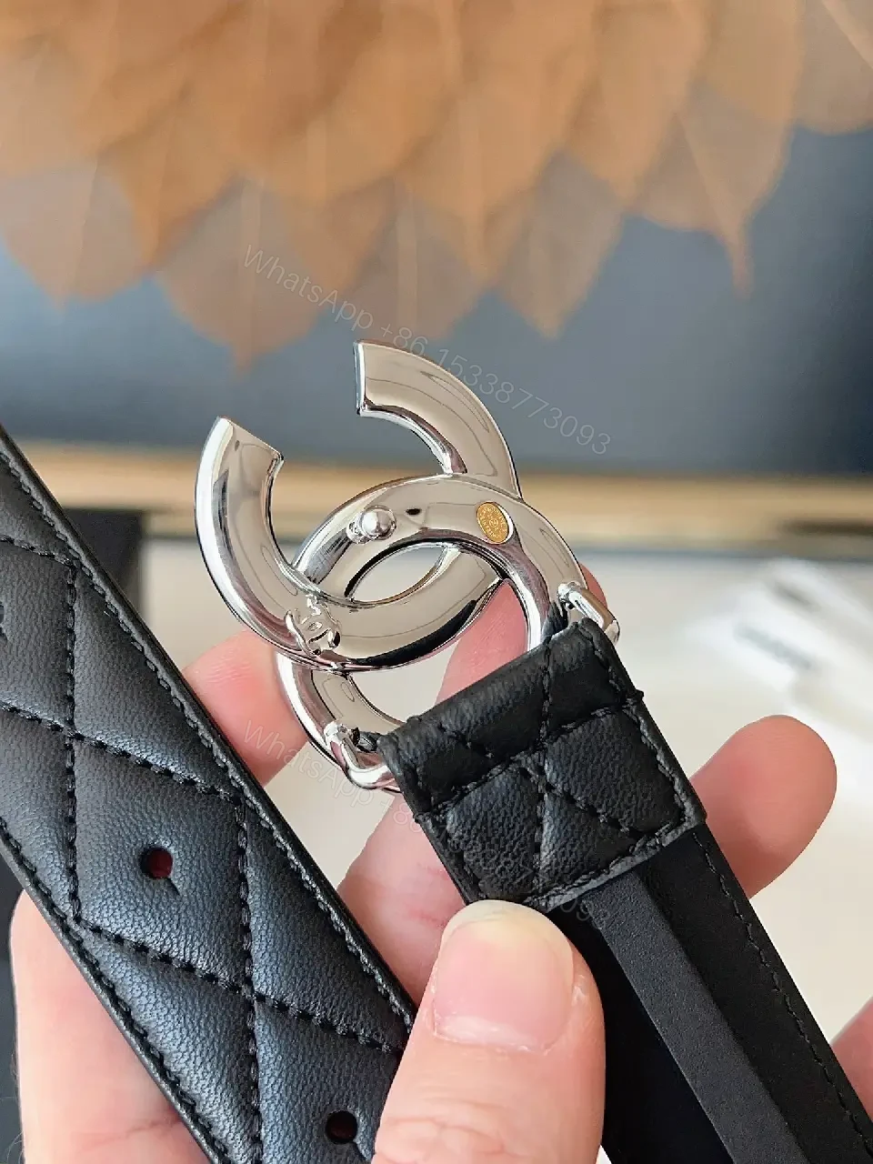 View 4 of Quilted Leather Belt, Double Buckle, Black, Minimal Luxury