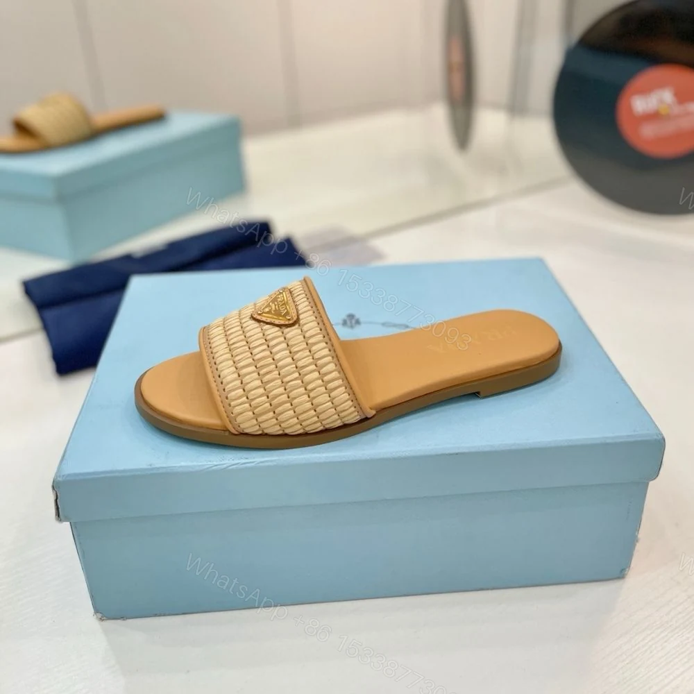 View 5 of Prada Leather Slides With Crochet Details Natural